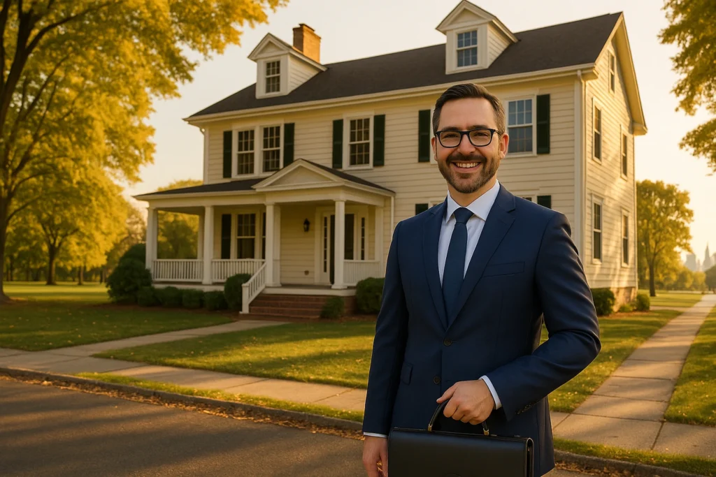 A Real Estate Attorney standing infront of a property in Pelham Manor