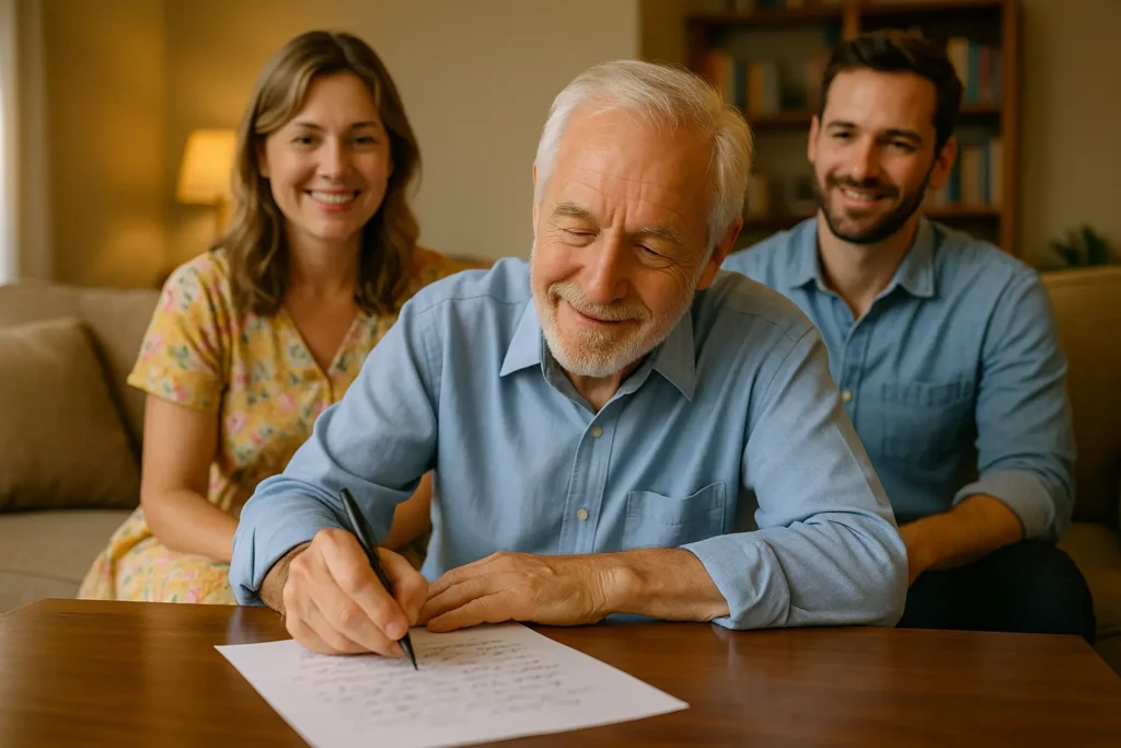 An old man with two witnesses scribbling his Handwritten Will in New York