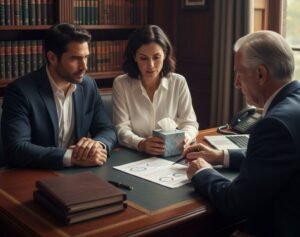 Attorney reviewing estate documents with a couple across a desk in a law office
