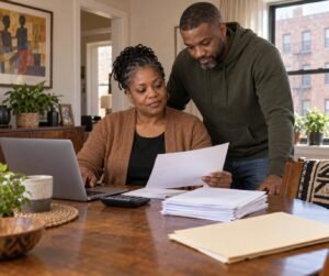 Executor and her brother reviewing estate statements at a dining table in a Bronx apartment