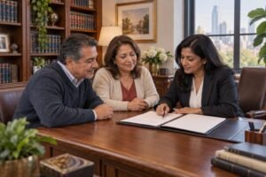 Couple reviewing probate documents with an estate attorney in a New York office